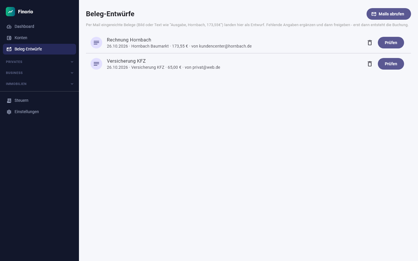 Liste eingereichter Beleg-Entwürfe per E-Mail in Finorio