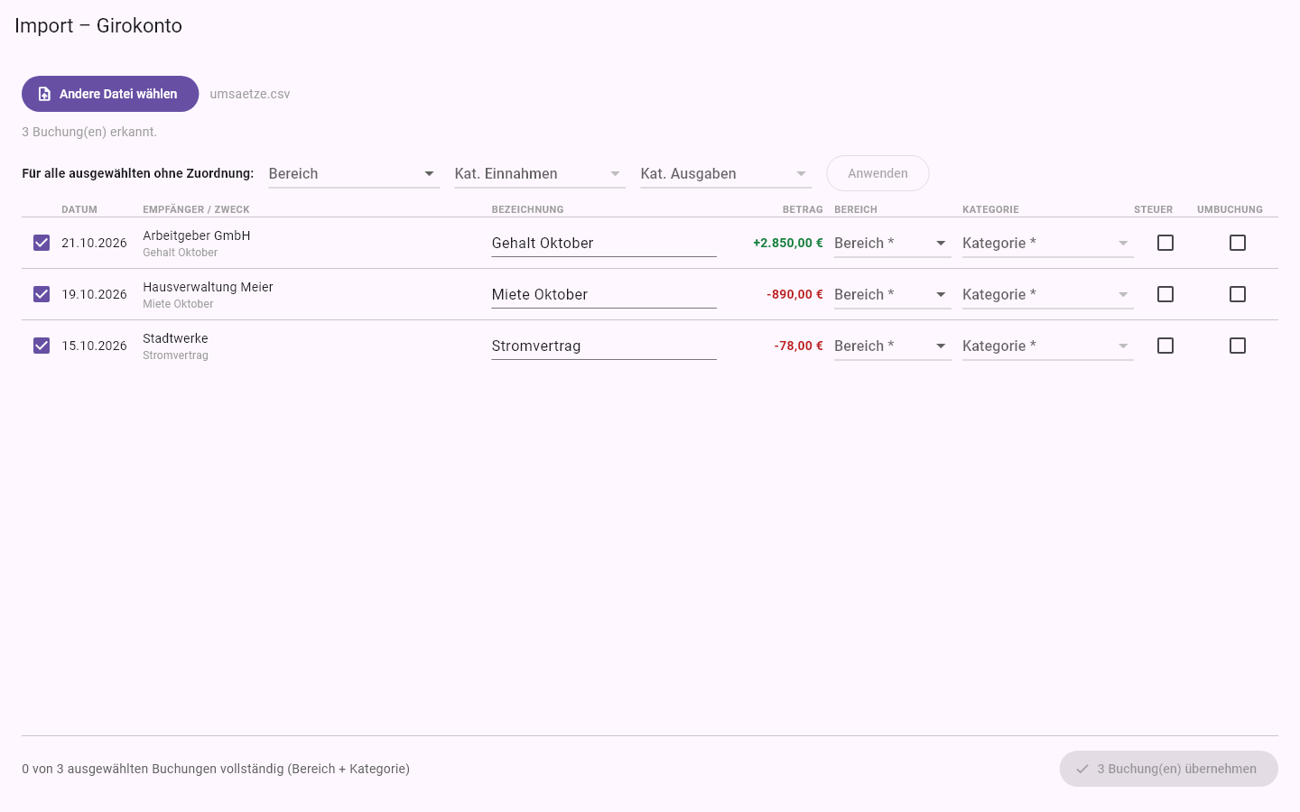 CSV-Import von Kontoumsätzen in Finorio mit Bereich, Kategorie und Steuerrelevant-Kennzeichnung je Buchung