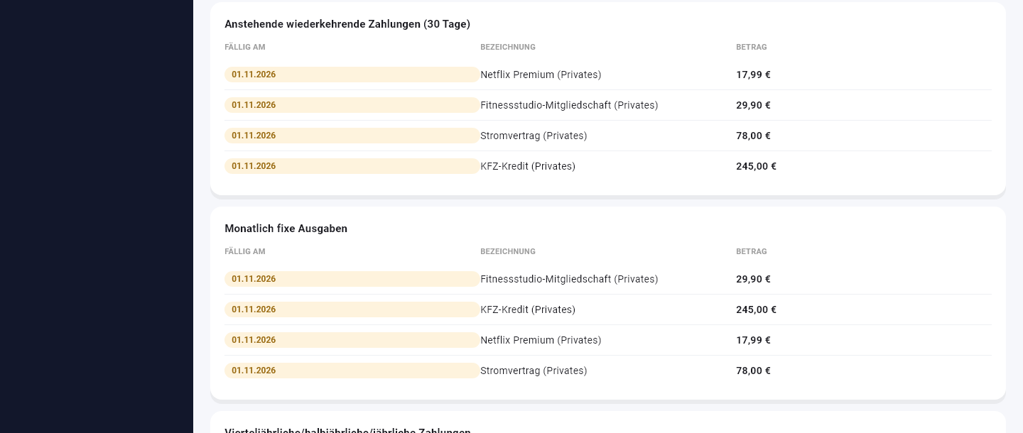 Liste anstehender wiederkehrender Zahlungen und monatlich fixer Ausgaben im Finorio-Dashboard